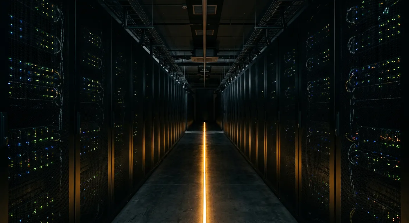 Dark server room corridor with a yellow light strip along the floor
