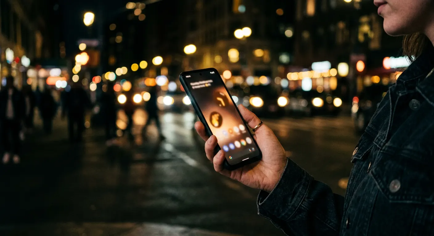 Hand holding a glowing smartphone at night with yellow city lights behind
