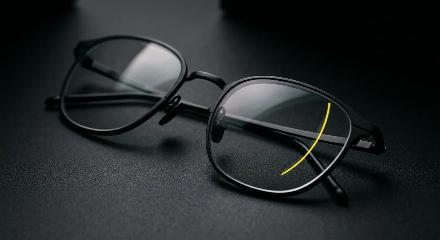 Macro photograph of eyeglass lenses and a black frame with a yellow light reflection